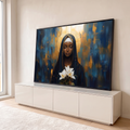 Quadro Decorativo Grande Nossa Senhora Lírios para Sala Azul | quadros decorativos para sala | mulher negra de olhos fechados com véu escuro, auréola dourada e lírios brancos | em Quadros para Sala | Porao dos Quadros