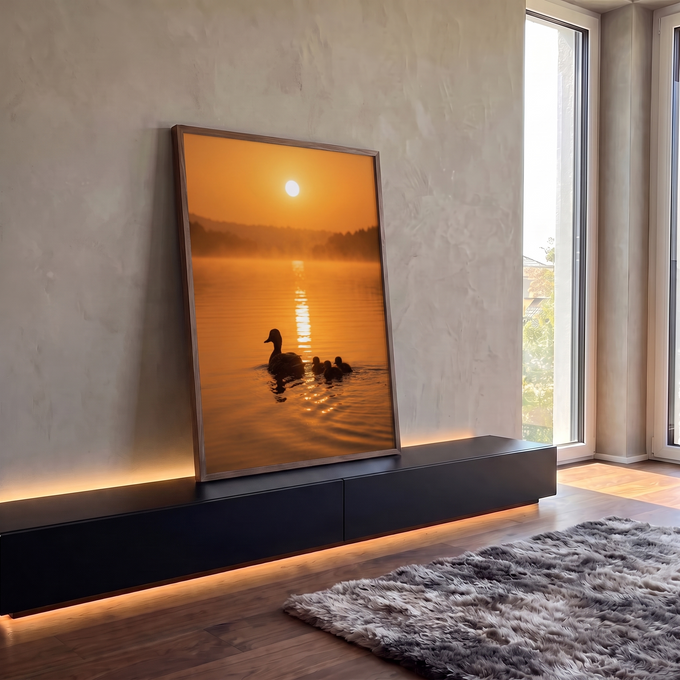 Silhueta de pata com três patinhos nadando em lago com neblina ao pôr do sol laranja, quadro decorativo
