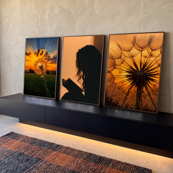Quadro Decorativo Kit 3 Telas Dente Mulher Lendo para Sala | quadros decorativos para sala | três painéis com dente-de-leão ao pôr do sol e silhueta de mulher lendo um livro | em Quadros para Sala | Porao dos Quadros