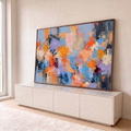Quadro Decorativo Grande Abstrato em Azul para Sala Laranja | quadros decorativos para sala | pintura abstrata com texturas de laranja, azul e roxo em pinceladas espessas | em Quadros para Sala | Porao dos Quadros