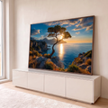 Quadro Decorativo Grande Árvore Solitária Penhasco para Sala | quadros decorativos para sala | árvore solitária em penhasco com sol se pondo sobre o mar ao fundo | em Quadros para Sala | Porao dos Quadros