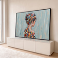 Quadro Decorativo Grande Mulher Formada para Sala Verde | quadros decorativos para sala | mulher de perfil com cabelo formado por multidão de pessoas coloridas caminhando | em Quadros para Sala | Porao dos Quadros