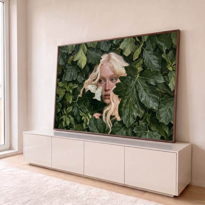 Mulher loira de sardas espiando entre folhagem verde com borboleta branca no rosto, quadro decorativo