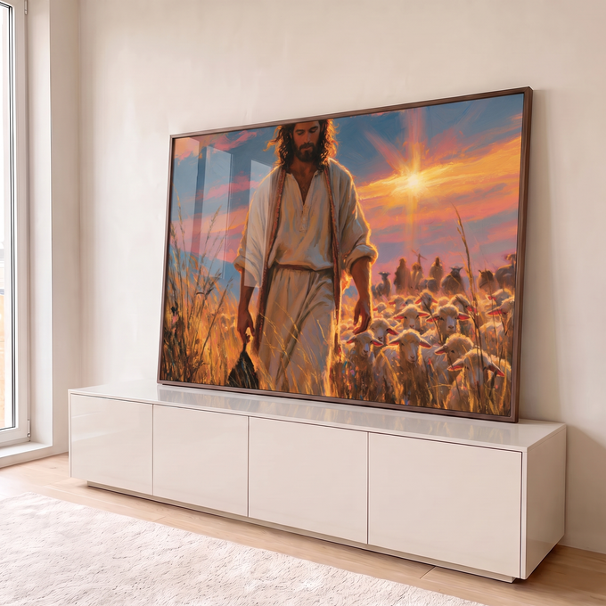 Quadro Decorativo Jesus Bom Pastor Caminhando entre o Trigo | quadros decorativos para sala | Jesus caminha por campo de trigo dourado seguido de ovelhas ao pôr do sol | em Quadros para Sala | Porao dos Quadros
