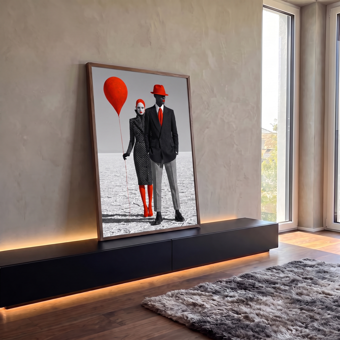 Casal surreal de moda com balão vermelho e chapéu vermelho em deserto de sal, quadro decorativo