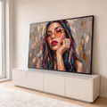 Retrato de mulher com óculos de coração, batom vermelho e mão no rosto em pintura a óleo, quadro decorativo