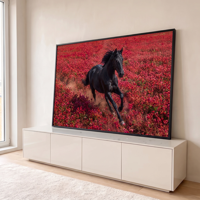 Cavalo preto galopando em campo de flores vermelhas levantando poeira, quadro decorativo