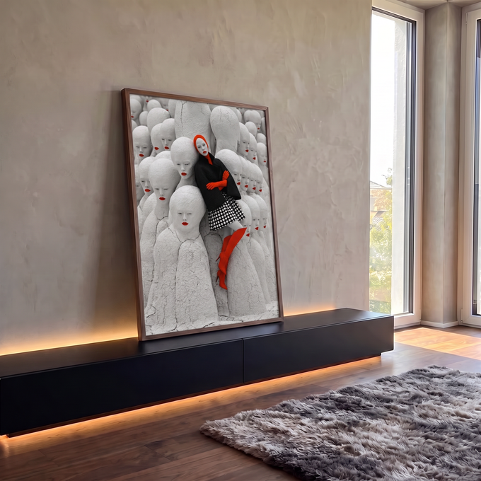 Mulher de casaco preto e botas vermelhas entre estátuas brancas de lábios vermelhos, quadro decorativo