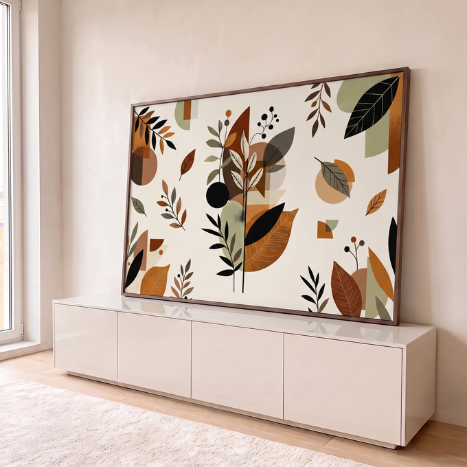 Quadro Decorativo Grande Folhagem Geométrica para Sala | quadros decorativos para sala | folhas e ramos estilizados sobre formas geométricas em terracota e verde-oliva | em Quadros para Sala | Porao dos Quadros