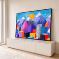 Quadro Decorativo Grande Cidade Geométrica para Sala Rosa | quadros decorativos para sala | cidade de blocos geométricos coloridos com padrões gráficos e montanhas ao fundo | em Quadros para Sala | Porao dos Quadros