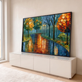 Quadro Decorativo Caminho de Outono com Reflexo no Lago | quadros decorativos para sala | caminho sinuoso entre árvores de outono refletido em lago dourado ao entardecer | em Quadros para Sala | Porao dos Quadros