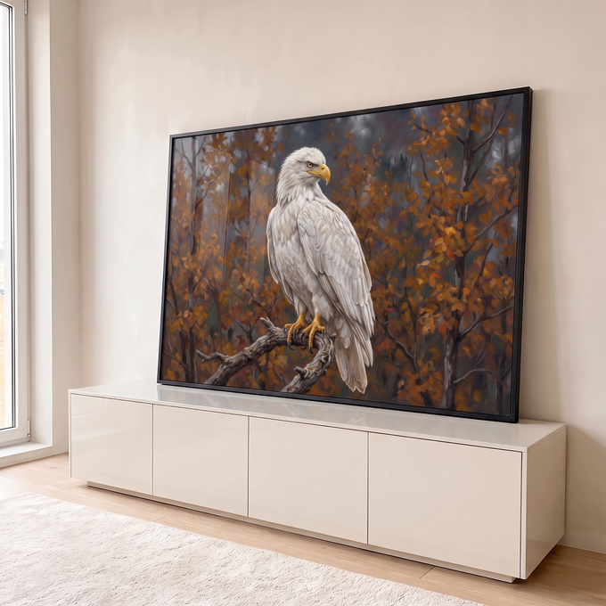 Quadro Decorativo Grande Águia Branca para Sala Branco | quadros decorativos para sala | águia branca de bico amarelo pousada em galho seco com folhagem outonal ao fundo | em Quadros para Sala | Porao dos Quadros