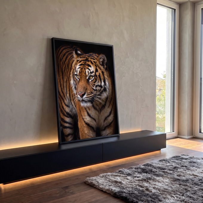 Tigre em close com pelagem laranja e listras pretas, olhar âmbar e fundo escuro, quadro decorativo