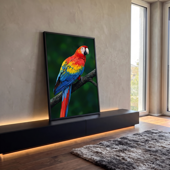 Arara vermelha com asas azuis e amarelas pousada em galho sobre fundo verde, quadro decorativo
