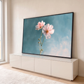 Quadro Decorativo Grande Flores Claro para Sala Rosa | quadros decorativos para sala | duas flores cosmos rosa claro com miolo amarelo sobre fundo azul petróleo texturizado | em Quadros para Sala | Porao dos Quadros