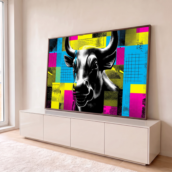 Cabeça do Touro de Wall Street preto com retícula sobre fundo pop art amarelo, magenta e ciano, quadro decorativo