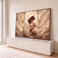 Quadro Decorativo Grande Homem com Asas para Sala Bege | quadros decorativos para sala | homem de manto bege abraçando cordeiro branco com asas geométricas e pomba ao fundo | em Quadros para Sala | Porao dos Quadros