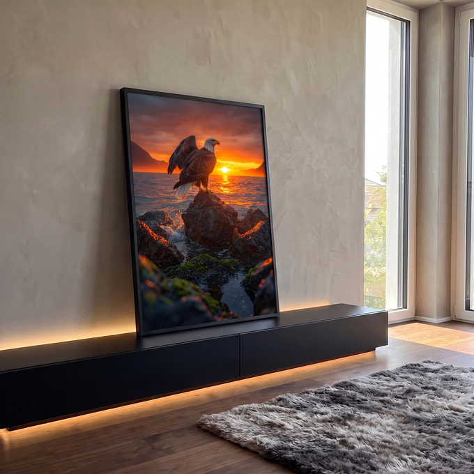 Quadro Decorativo Grande Águia na Rocha para Sala Laranja | quadros decorativos para sala | águia pousada em rocha à beira-mar com pôr do sol laranja ao fundo | em Quadros para Sala | Porao dos Quadros