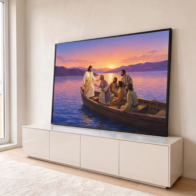 Jesus em pé no barco estendendo a mão aos discípulos em lago lilás ao pôr do sol, quadro decorativo