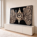 Quadro Decorativo Grande Olho Místico para Sala Preto | quadros decorativos para sala | olho místico central cercado por espirais ornamentais em tons de bege e preto | em Quadros para Sala | Porao dos Quadros