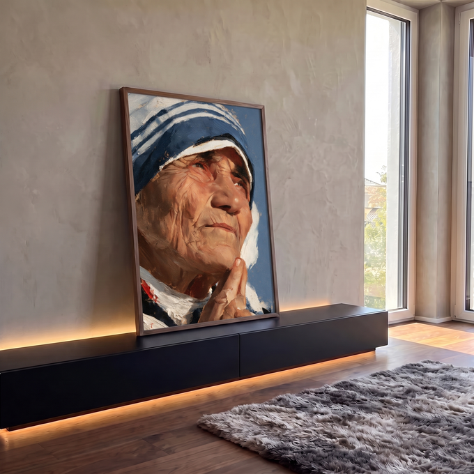 Quadro Decorativo Madre Teresa de Calcuta em Oração Pintura | quadros decorativos para sala | retrato pintado de mulher idosa com véu azul e branco olhando para cima em pintura a óleo | em Quadros para Sala | Porao dos Quadros