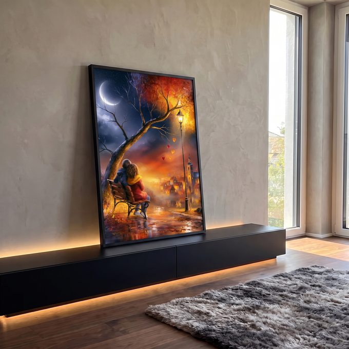 Quadro Decorativo Casal Jovem no Banco sob Árvore de Outono | quadros decorativos para sala | casal jovem abraçado em banco sob árvore de outono com corações flutuantes | em Quadros para Quarto | Porao dos Quadros