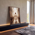 Quadro Decorativo Grande Jesus Cristo Branco para Sala | quadros decorativos para sala | Jesus Cristo de braços abertos caminhando por corredor de igreja iluminado | em Quadros para Sala | Porao dos Quadros