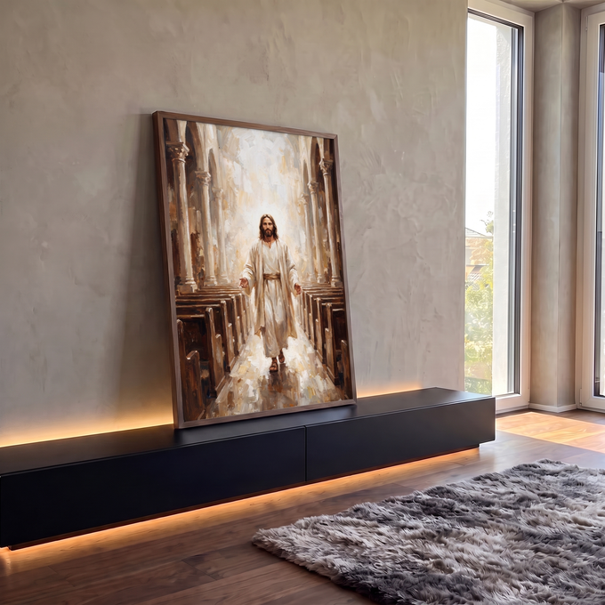 Quadro Decorativo Grande Jesus Cristo Branco para Sala | quadros decorativos para sala | Jesus Cristo de braços abertos caminhando por corredor de igreja iluminado | em Quadros para Sala | Porao dos Quadros