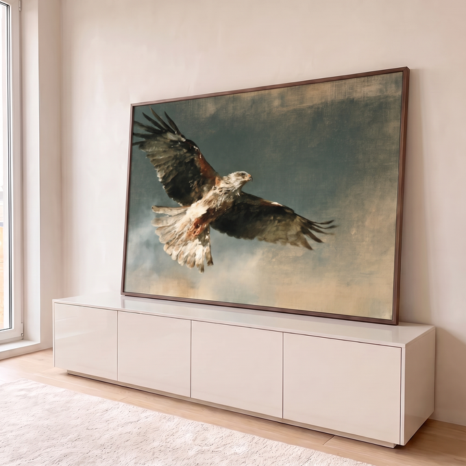 Quadro Decorativo Ave de Rapina em Voo com Asas Abertas | quadros decorativos para sala | ave de rapina em voo com asas abertas, peito branco e manchas marrom-avermelhadas | em Quadros para Sala | Porao dos Quadros