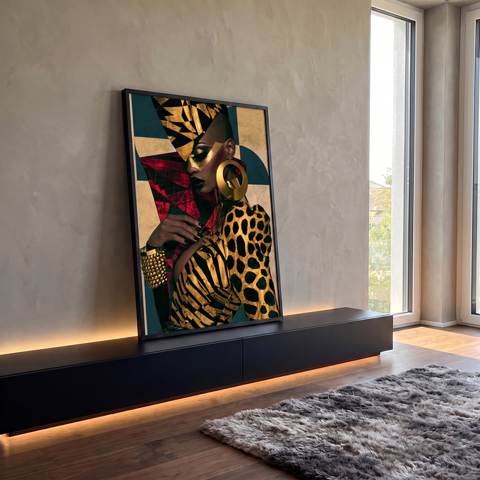 Quadro Decorativo Mulher Retrato Dourado com Estampa de Onça | quadros decorativos para sala | retrato feminino de perfil com maquiagem dourada geométrica e estampa de onça | em Quadros para Sala | Porao dos Quadros