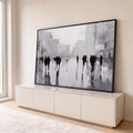 Quadro Decorativo Grande Silhuetas Urbanas para Sala Preto | quadros decorativos para sala | silhuetas pretas de pessoas caminhando em avenida cinza com prédios borrados | em Quadros para Sala | Porao dos Quadros