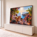 Gato ruivo sentado em terraço de pedra com limoeiros, buganvílias e mar azul ao pôr do sol, quadro decorativo
