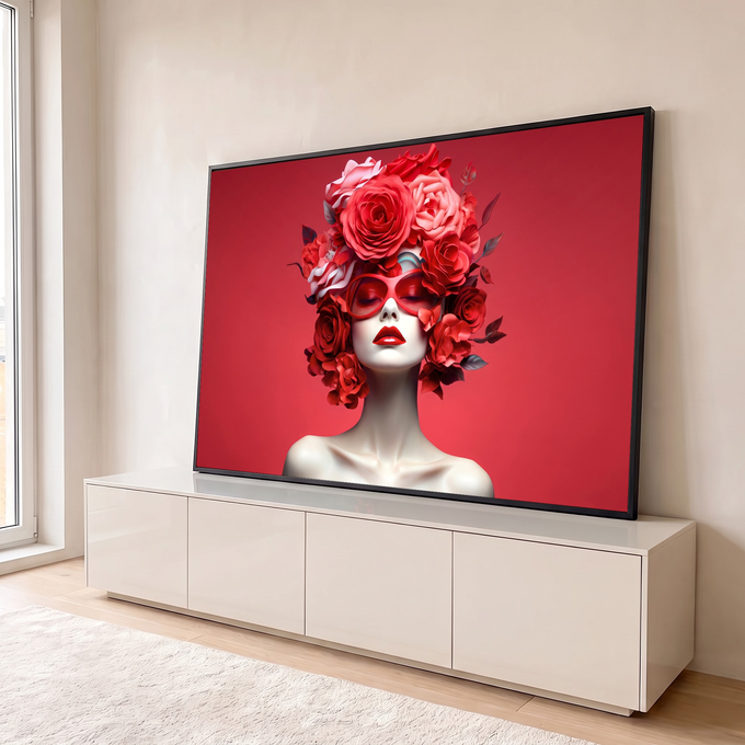 Mulher de óculos e lábios vermelhos com cabeça coberta de rosas em fundo vermelho, quadro decorativo