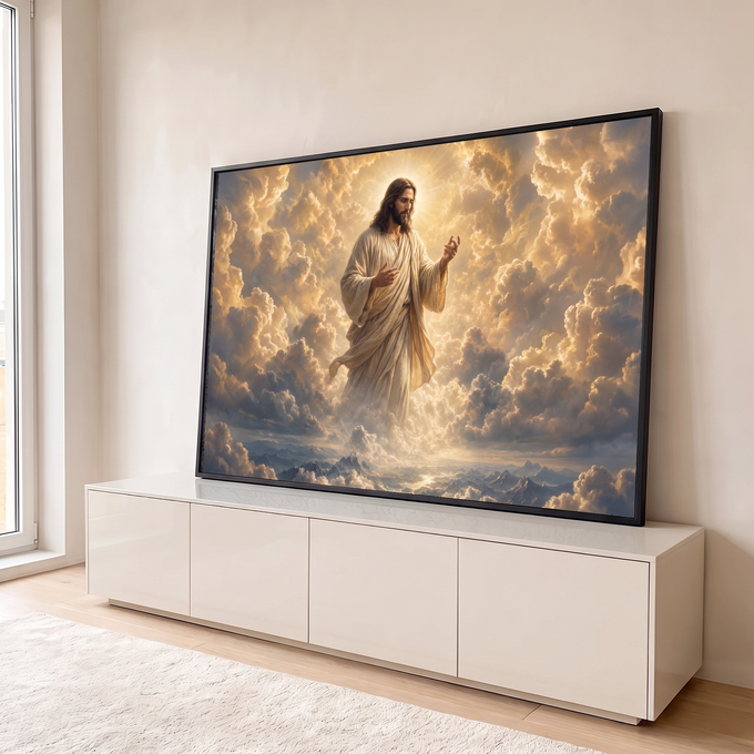 Jesus Cristo de manto claro entre nuvens douradas e luz divina sobre montanhas, quadro decorativo