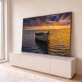 Quadro Decorativo Grande Barco de Pesca Mar para Sala | quadros decorativos para sala | barco de pesca desgastado ancorado em mar calmo sob céu de pôr do sol dramático | em Quadros para Sala | Porao dos Quadros