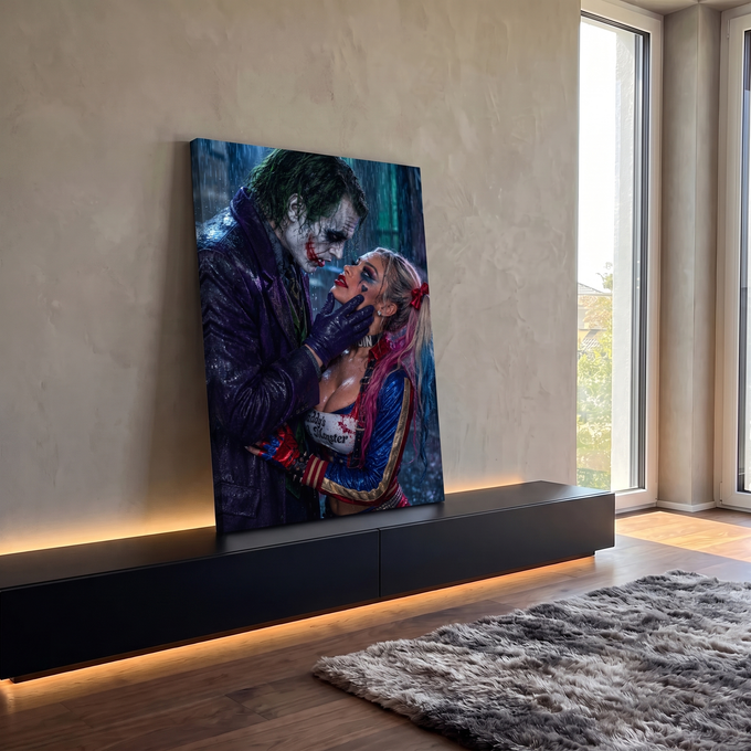 Quadro Decorativo Grande Palhaços na Chuva para Sala Roxo | quadros decorativos para sala | casal com maquiagem de palhaço sob chuva intensa em tons roxo e neon | em Quadros para Sala | Porao dos Quadros