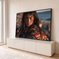 Quadro Decorativo Retrato de Menina com Manto Colorido | quadros decorativos para sala | retrato de menina com olhar intenso vestindo manto de tricô colorido ao entardecer | em Quadros para Sala | Porao dos Quadros