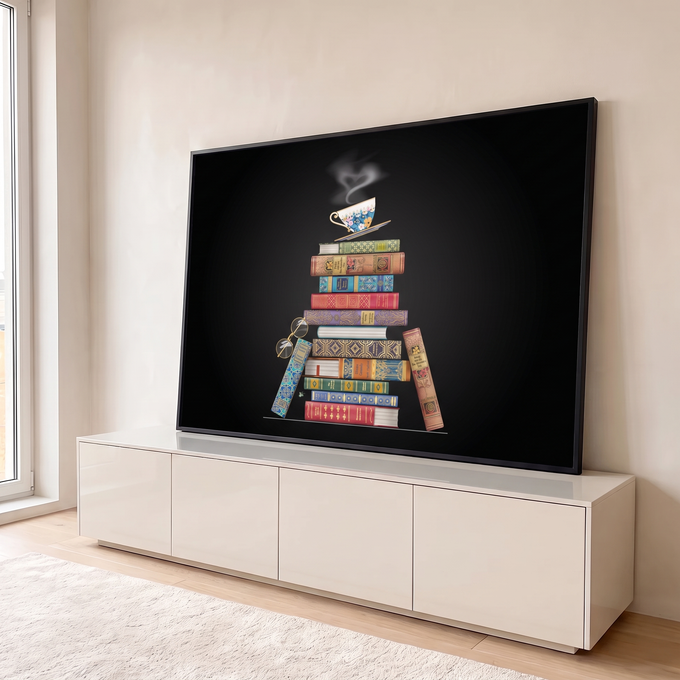 Pilha de livros antigos coloridos com xícara de chá e óculos sobre fundo preto, quadro decorativo