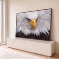 Close de águia-de-cabeça-branca com olhar fixo, bico amarelo e penas brancas, quadro decorativo