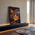 Quadro Decorativo Grande Última Ceia Jesus Cristo para Sala | quadros decorativos para sala | Jesus e apóstolos reunidos à mesa na Última Ceia, iluminados por velas à noite | em Quadros para Sala | Porao dos Quadros
