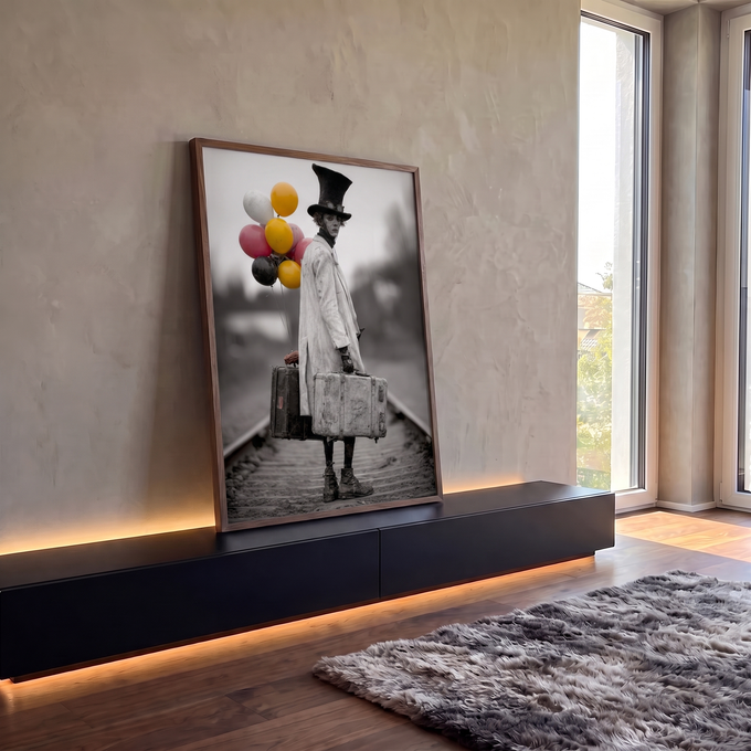 Mímico de cartola com malas antigas e balões coloridos sobre trilhos, foto preto e branco, quadro decorativo