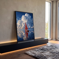 Quadro Decorativo Grande Veleiro de Velas para Sala Vermelho | quadros decorativos para sala | veleiro de velas vermelhas refletido em água calma sob nuvem cúmulus gigante | em Quadros para Sala | Porao dos Quadros