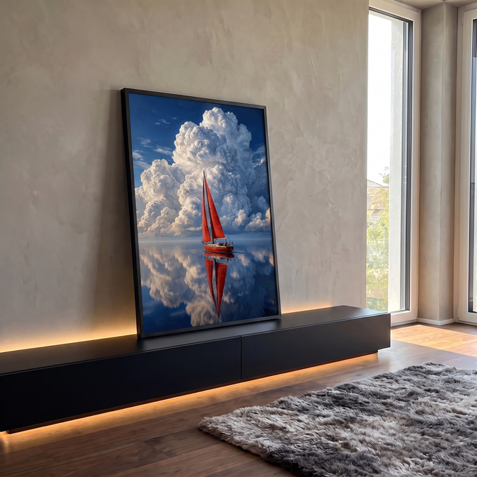 Quadro Decorativo Grande Veleiro de Velas para Sala Vermelho | quadros decorativos para sala | veleiro de velas vermelhas refletido em água calma sob nuvem cúmulus gigante | em Quadros para Sala | Porao dos Quadros