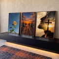 Quadro Decorativo Kit 3 Telas Girassol Píer para Sala | quadros decorativos para sala | girassol, píer de madeira ao pôr do sol e perfil de homem com coroa de espinhos e cruz | em Quadros para Sala | Porao dos Quadros