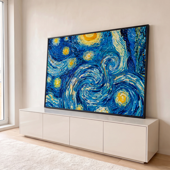 Quadro Decorativo Grande Noite Céu Estrelado para Sala | quadros decorativos para sala | detalhe ampliado de céu estrelado com espirais azuis e astros dourados | em Quadros para Sala | Porao dos Quadros