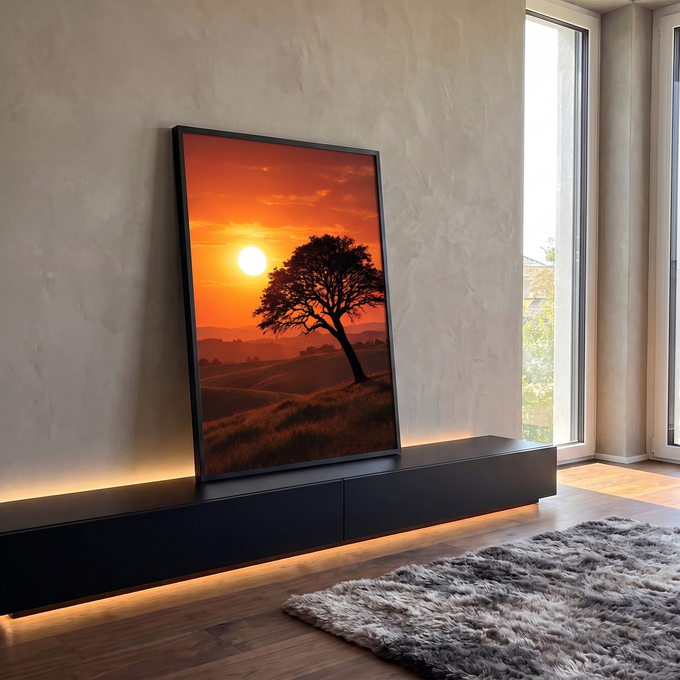 Árvore inclinada em silhueta sobre colinas com sol baixo e céu laranja no pôr do sol, quadro decorativo