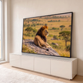 Quadro Decorativo Grande Leão Deitado para Sala Dourado | quadros decorativos para sala | leão deitado sobre rocha com juba dourada e savana ao fundo | em Quadros para Sala | Porao dos Quadros