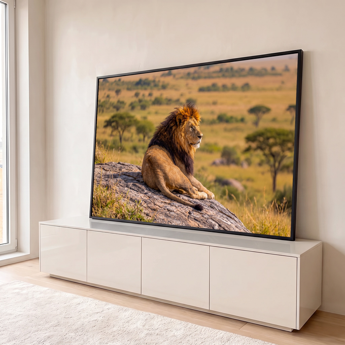 Quadro Decorativo Grande Leão Deitado para Sala Dourado | quadros decorativos para sala | leão deitado sobre rocha com juba dourada e savana ao fundo | em Quadros para Sala | Porao dos Quadros