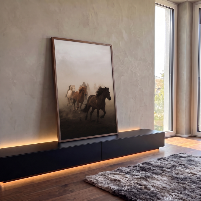 Cavalos marrom escuro, alazão e branco galopando na poeira com cavaleiros na névoa, quadro decorativo