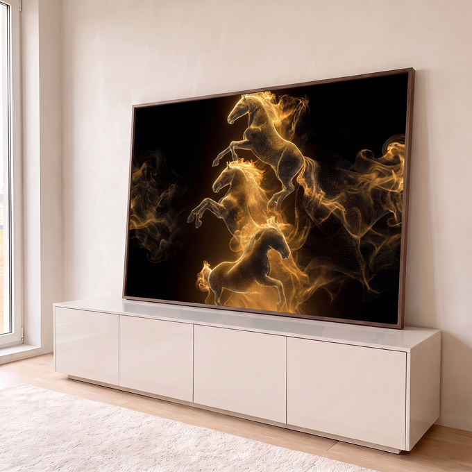 Três cavalos empinados de partículas douradas em meio à fumaça sobre fundo preto, quadro decorativo